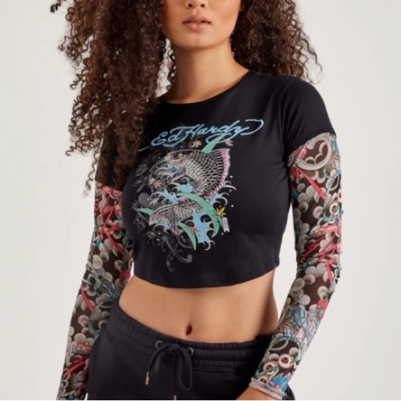 Ed Hardy Tops - Ed Hardy Women's top Black top with  Multicolor Graphic Crop Top Tattoo Sleeves